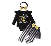 HZling Ensembles Pyjamas pour Filles My First Ans Infant Baby Girl Outfit Baby Ans Outfit Long Sleeve Romper Pants Set with Bow Headband(Black,3-6 Mois)