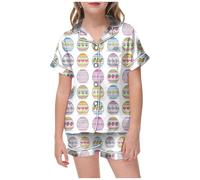 HZling Filles Short PyjamasEnsemble de Pyjama Confortable à Manches Courtes et Revers imprimé nœud Papillon pour Filles,Short Mignon conçu avec des Boutons,vêtements de Maison(White,130)