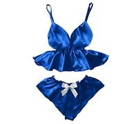 HZling Nuisette Sexy Femme éRotique V-Neck Dentelle Pyjama Sexy Femmes Bowknot Camisole Cils Shorts Set Tache(Blue, M)