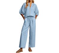 HZling Pantacourt Femme éTé Pantalon décontracté à col zippé, Coupe Ample, Jambes Larges et Haut Assorti, Tenue Confortable pour Le Quotidien
