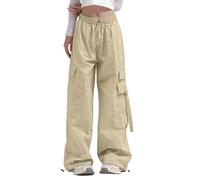 HZling Pantalon Large Femme Pantaloni Cargo a Gamba Larga da Donna Con tasca Laterale a Vita Media da Viaggio Streetwear Pantaloni larghi Ed elastici Con Coulisse Alla caviglia(Khaki,M)