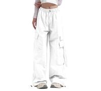 HZling Pantalon Large Femme Pantaloni Cargo a Gamba Larga da Donna Con tasca Laterale a Vita Media da Viaggio Streetwear Pantaloni larghi Ed elastici Con Coulisse Alla caviglia(White,M)