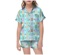 HZling Pyjama EnfantEnsemble de Pyjama Confortable à Manches Courtes et Revers imprimé nœud Papillon pour Filles,Short Mignon conçu avec des Boutons,vêtements de Maison(Mint Green,160)