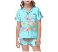 HZling Pyjama pour FilleEnsemble de Pyjama Confortable à Manches Courtes et Revers imprimé nœud Papillon pour Filles,Short Mignon conçu avec des Boutons,vêtements de Maison(Mint Green,120)