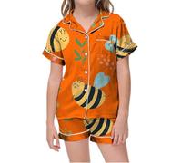 HZling PyjamaPyjama Court imprimé col V pour Enfants,vêtements de Nuit Confortables pour garçons et Filles,Un Usage Quotidien et Domestique,Ceinture élastique Douce(Orange,10-11 Ans)