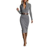 HZling Robe élégante et décontractée d'automne, Robe midi Moulante à Manches Longues et Ceinture à Nouer, idéale pour Une soirée ou Un Rendez-Vous. Parfaite pour Une soirée Romantique. (Grey, L)