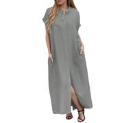 HZling Robe Taille Empire Robe Chemise Ample mi-Longue à Manches Courtes et Boutons de Couleur Unie pour Femme