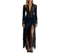 HZling Robe Taille Empire Robe Longue Maxi bohème à Franges et imprimé Floral, Fermeture éclair sur Le Devant, Style Ethnique décontracté, avec Poches latérales