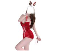 HZling Sex Christmas Set Lingerie Sexy de Noël en Dentelle pour Femme, Couleur Unie, avec Bas à nœud Papillon en Plumes, vêtements de Nuit séduisants pour Les Jeux festifs(Red, One Size)