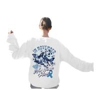 HZling Sweat-Shirt Femme sans Capuche Sweat-Shirt imprimé de Sensibilisation au Mois de la prévention du Port du Bleu, sans Capuche(White, XL)