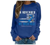 HZling Sweat-Shirt sans Capuche à Manches Longues pour Femme Sweat à Capuche sans Poches pour la Sensibilisation au Mois de la prévention de Violence Faite aux Femmes(Blue,XL)