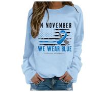 HZling Sweat-Shirt sans Capuche à Manches Longues pour Femme Sweat à Capuche sans Poches pour la Sensibilisation au Mois de la prévention de Violence Faite aux Femmes(Light Blue,S)