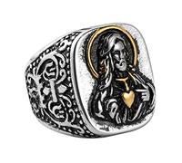 HZMAN Bague vintage en acier inoxydable argenté doré avec Jésus bénédiction chrétienne pour homme et femme, Acier inoxydable