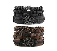 HZMAN Bracelet élastique en cuir véritable avec motif arbre de vie pour homme et femme, œil de tigre, pierre de lave naturelle, ethnique, tribale, perles, One Size, Acier inoxydable, Pas de gemme