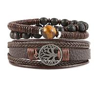 HZMAN Bracelet en cuir véritable Arbre de vie pour hommes et femmes, perles en pierre naturelle de jaspe œil de tigre et roche lave, bracelets élastiques ethniques et tribaux (2 pièces), 8.5", Cuir