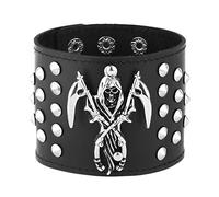 HZMAN Bracelet manchette en cuir noir avec tête de mort pour homme - Style gothique - Avec pointes cloutées - 17,8 à 21,6 cm - Réglable, en métal, 7.0"-8.5" adjustable, Métal, Non.
