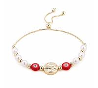 HZMAN Bracelet mauvais œil pour femme plaqué or 14 carats avec médaille de Saint Benoît rétro bleu et perle de protection contre la chance Bracelet extensible Cadeau, 8.5 inches, Cristal, Pas de