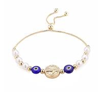 HZMAN Bracelet mauvais œil pour femme plaqué or 14 carats avec médaille de Saint Benoît rétro bleu et perle de protection contre la chance Bracelet extensible Cadeau, 8.5 inches, Cristal, Pas de gemme