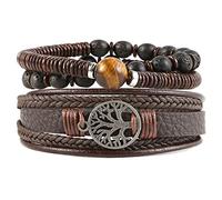 HZMAN Bracelets élastiques en cuir véritable pour homme et femme, œil de tigre, pierre de lave, perles ethniques, tribales, élastiques, Cuir, Pas de gemme