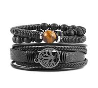 HZMAN Bracelets élastiques en cuir véritable pour homme et femme, œil de tigre, pierre de lave, perles ethniques, tribales, élastiques, 8.5 inch, Cuir, Pas de gemme