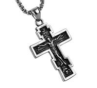 HZMAN Collier avec pendentif croix orthodoxe vintage en acier inoxydable 55 + 5,1 cm, couleur argent, or, noir, Acier inoxydable, Pas de gemme