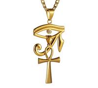 HZMAN Collier avec pendentif en forme de croix Ankh égyptienne et copte en acier inoxydable doré - Chaîne Figaro de 61 cm, Acier inoxydable, Pas de pierre précieuse