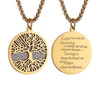 HZMAN Collier avec pendentif en forme de prière de sérénité en acier inoxydable avec arbre de vie découpé 56 cm + chaîne de 5,1 cm, Adult, Acier inoxydable, Zircone cubique