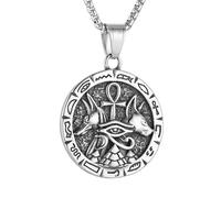 HZMAN Collier avec pendentif rond en acier inoxydable avec symbole égyptien antique - Œil d'Horus - Pyramide copte Ankh - Anubis