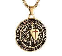 HZMAN Collier en acier inoxydable avec motif de chevaliers Templiers portant toute l'armure de Dieu Éphésiens 6:13-17 - Croix rouge - Cadeau pour homme, Acier inoxydable, Pas de gemme