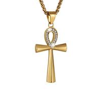 HZMAN Collier Homme en Acier Inoxydable Ankh Copte Croix Rétro Collier Religieux Égyptien Pendentif Croix Bijoux Cadeau, Acier inoxydable, Zircon cubique