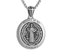HZMAN Collier médaille St Benoît pour homme rétro en acier inoxydable pendentif Saint Benoît protection catholique amulette bijoux chrétiens