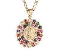 HZMAN Collier plaqué or 14 carats ovale découpé en forme de cœur Vierge Marie, prière, amulette Notre Amour Femme de Guadeloupe, pendentif multicolore, zircon cubique, cadeau pour femme et fille