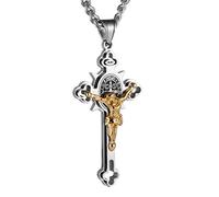 HZMAN Collier pour homme en acier inoxydable avec croix de Saint Benoît - Chaîne avec crucifix INRI - Bijou cadeau, 3.2 cm x 6.4 cm, Acier inoxydable, Pas de pierre précieuse