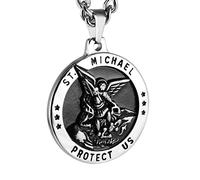 HZMAN Collier Saint Michel pour Homme en Acier Inoxydable - Pendentif Rond Archange Rétro - Bijoux Cadeau, 3.5 cm x 3.5 cm (1.37" x 1.37"), Acier inoxydable, Pas de pierre précieuse