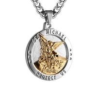 HZMAN Collier Saint Michel pour hommes en acier inoxydable rétro avec médaillon rond en forme d'archange, pendentif, bijou, cadeau, 3.5 cm x 3.5 cm, Acier inoxydable, Pas de gemme