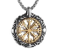 HZMAN Collier Viking Vegvisir en acier inoxydable avec boussole nordique double face gravé Totem du soleil, 1.34*1.34in, Acier inoxydable, Pas de gemme