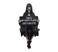 Hzoibyze Statue de Squelette En Résine Gothique de Collection pour Halloween, Tenant Une Pancarte Décorative, Idéale pour La Décoration Intérieure, Les Fêtes E, S