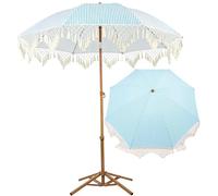 HZSCL Parapluie de Plage Bohème à Franges, Parapluie de Terrasse à 200cm avec Inclinaison de 45°, 8 Côtes en Fer pour Piscine Jardin Villa, Protection UV Imperméable (Rayures Bleues)(Parasol+Base)