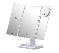 Hztuang Miroir de Maquillage à Trois Volets avec 22 LumièRes LED, Grossissement 10X / 3X / 2X Miroir CosméTique de Bureau de Table éClairé Portable, Blanc