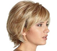 Hztuang Perruque Synthétique Complète Superposée Ondulée et Moelleuse Court Points Forts Blond