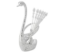 Hztyyier Cuillère à Dessert Miroir Polissage Métal Cygne Cuillères Ensemble avec Support en Alliage de Zinc pour Gâteau Café Fruits Restaurant(Argent) Spoons Spoons