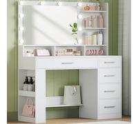 Hzuaneri 108 cm Coiffeuse avec Grand Miroir HD, Coiffeuse avec Éclairage LED, 6 Compartiments Ouverts, 5 Tiroirs Et Rangement Latéral Ouvert, Dressing de Chambre, Simple, Blanc DT42603XEU