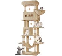 Hzuaneri 170 cm Grand Arbre à Chat, Tour à Chat pour Chats D'intérieur, avec Grand Perchoir, Tapis Lavable, 2 Niches Chats, 8 Griffoirs, Hamac, Pompons, Marron Camel MS17018LC