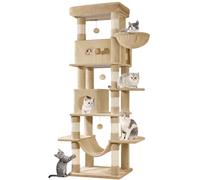 Hzuaneri 210 cm Grand Arbre à Chat, Tour à Chat pour Chats d'intérieur, avec Grand Perchoir, Tapis Lavable, 2 Niches Chats, 8 Griffoirs, Hamac, Pompons, Marron Camel MS21018LC