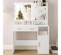 Hzuaneri 90cm Coiffeuse avec Miroir et 10 Lumières LED Réglables, Coiffeuse avec 2 Tiroir et 1 Armoire, 3 Étagères et 4 Compartiments Ouverts, Blanc DT32503X