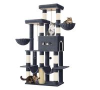 Hzuaneri Arbre à Chat, 176 cm, 2 Plateformes Extra-Larges, 2 Grandes Grottes, 9 Poteaux à Griffer en Sisal, 2 Hamacs, Panier pour Chat, Pompons, Convient aux Chats Maine Coon, Gris Foncé MS17218SG