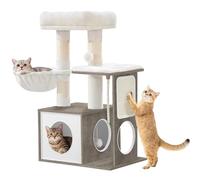 Hzuaneri Arbre à Chat 85 cm de Haut, avec 3 Poteaux à Griffer, Tapis Amovible et Lavable, 1 Niche, 2 Plateformes, Corde en Sisal, 1 Panier pour Chat et des 2 Pompons, Lvoire Clair MS08305WT