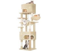 Hzuaneri Arbre à Chat, Abri à Chat Multi-Niveaux de 203 cm avec Grande Plateforme, 2 Niches, 7 Griffoirs, Pompons, Paniers, Hamac, Convient aux Chats de Toutes Tailles, Beige MS20318YL