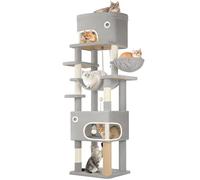 Hzuaneri Arbre à Chat, Abri à Chat Multi-Niveaux de 203 cm avec Grande Plateforme, 2 Niches, 7 Griffoirs, Pompons, Paniers, Hamac, Convient aux Chats de Toutes Tailles, Gris Clair MS20318LG