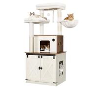 Hzuaneri Arbre à Chat avec Meuble Litiere Chat, 150cm Haut, Marron et Blanc | Coussin Lavable, Deux Grandes Plateformes, Poteau Sisal, Panier pour Chat, Maison pour Chat, Balles Peluche, CB89214WT